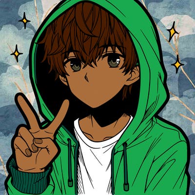 teenage manga boy in a hoodie, doing ✌