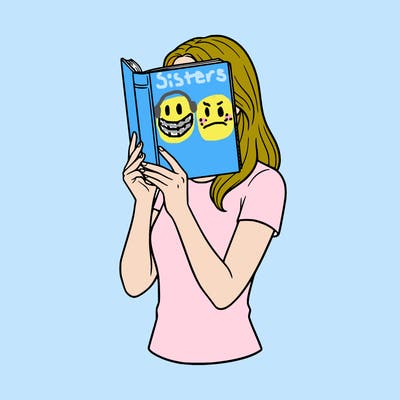 a woman reading a book in portrait and holding the book in front of her face so we can see the cover. no open lines and the woman is not floating. white cover of the book and white background