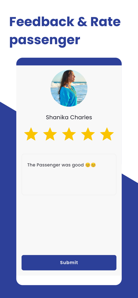 Screenshot of the TrucabTT Driver app showing the interface to rate a passenger with five stars and feedback