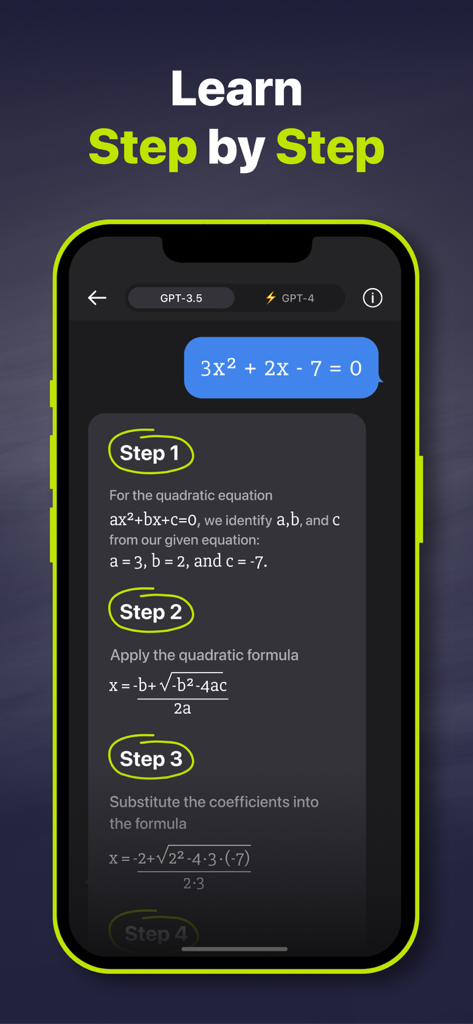 Smart Solver – AI Homework Aid - Smart Solver app displaying a step-by-step explanation for solving a quadratic equation using AI.