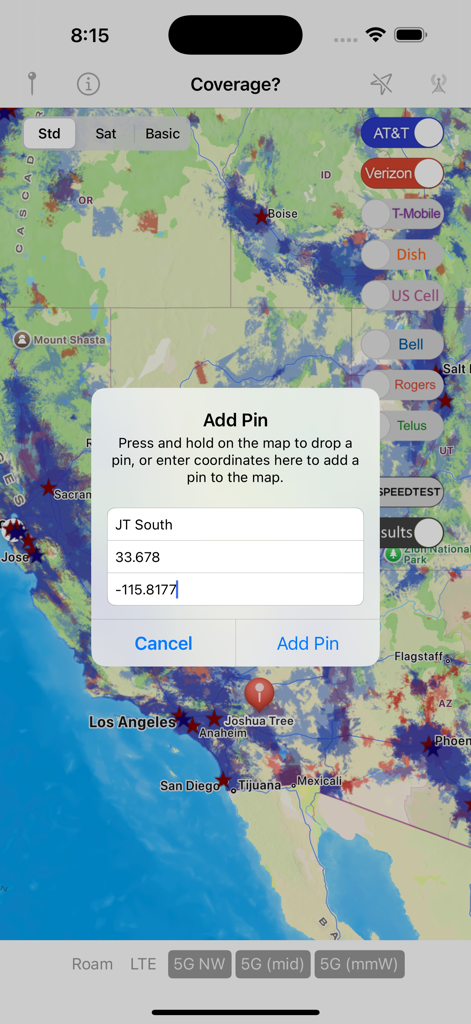 Interface of the Coverage app displaying an Add Pin dialog with geographic coordinates over a cellular network map.
