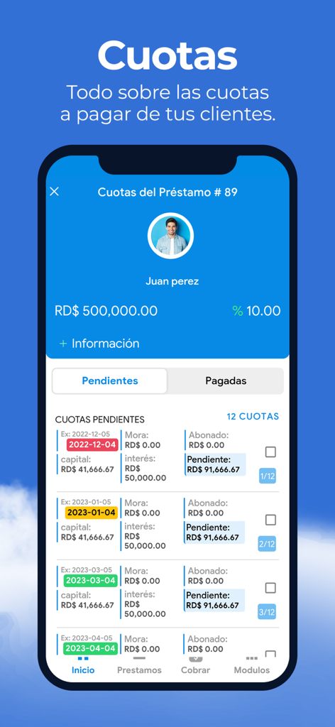 Interfaz de la aplicación Préstamos CLOUD que muestra cuotas de préstamo pendientes y detalles de pago de un cliente