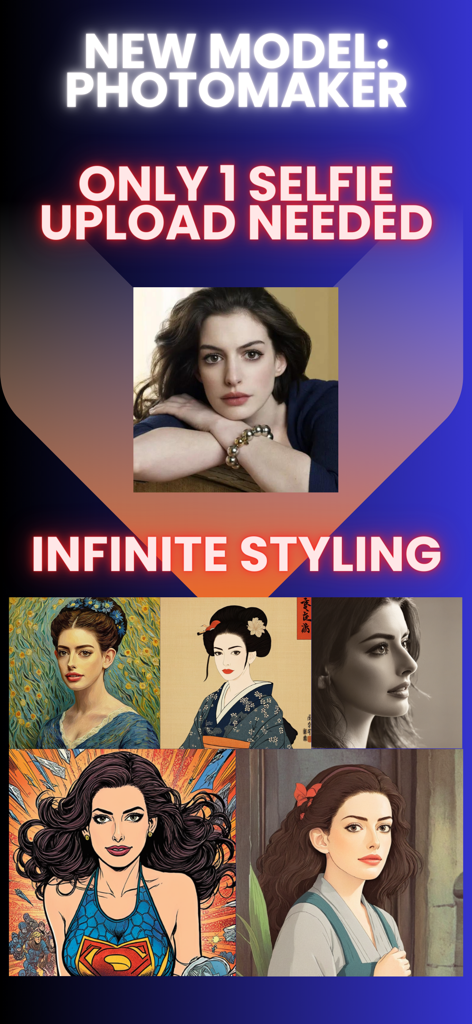 Recurso Photomaker do Estúdio de Fotos AI Headshots demonstrando múltiplos estilos artísticos gerados a partir de uma única selfie