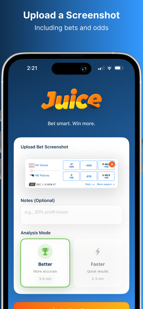 Sports Betting Research Juice - Sports Betting Research Juice app screen showing the bet screenshot upload feature and analysis mode options