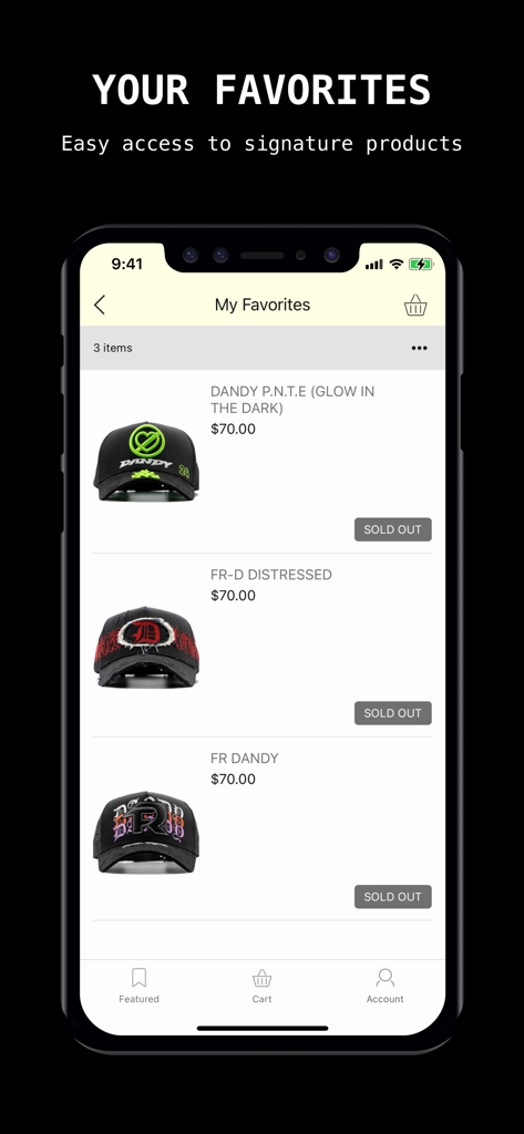 Pantalla de lista de favoritos de la aplicación DandyHats que muestra una lista de gorras exclusivas de streetwear