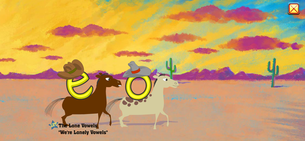 Vogais E e O usando chapéus de cowboy em cavalos em uma cena desértica.