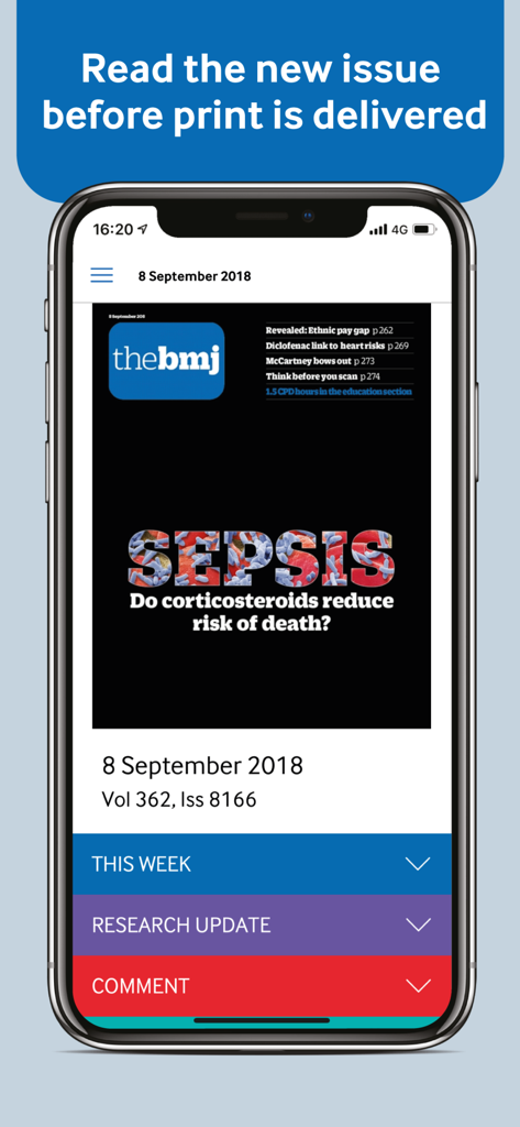 The BMJ - iPhone screen displaying The BMJ app with an article on sepsis and digital journal features