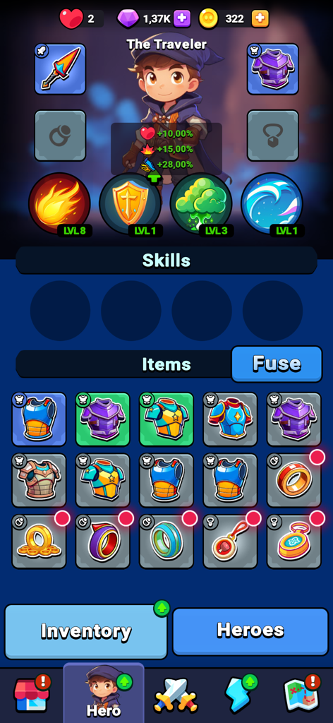 Age of Heroes | Warriors Clash - Character equipment and item inventory management screen in Age of Heroes