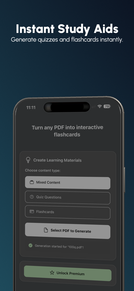 EduSwipe: AI Flashcards & SRS - Interface for generating AI flashcards and quizzes from PDF documents in the EduSwipe app