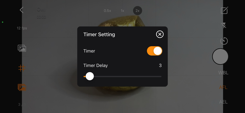A screenshot of the Stop Motion Plus app showing the timer setting menu with a delay slider over a camera view.