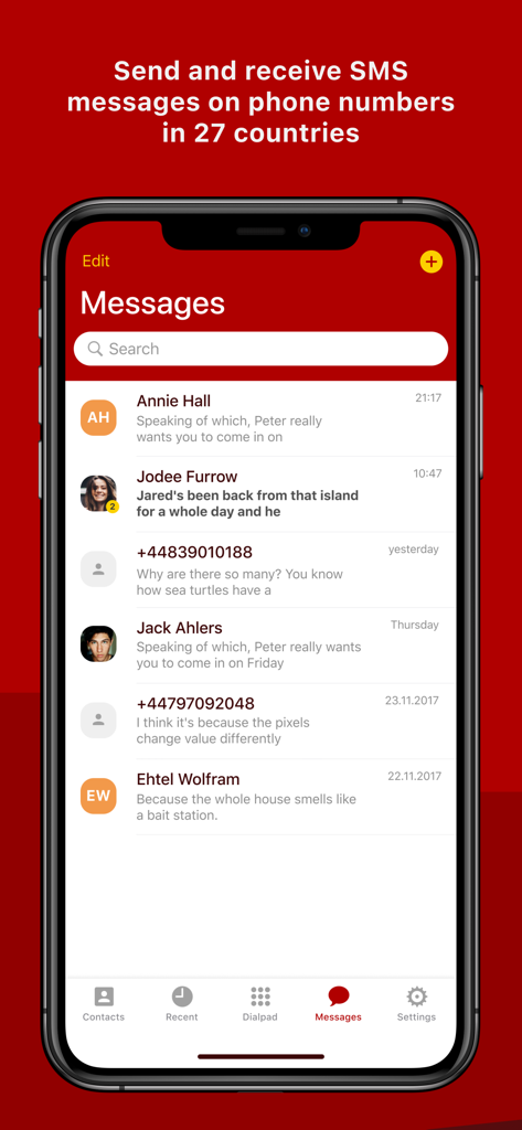 Interfaz móvil de la aplicación Zadarma que muestra la lista de mensajes SMS empresariales para números virtuales internacionales