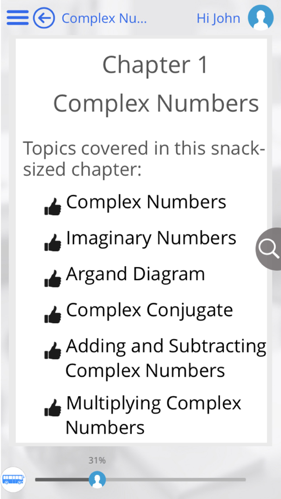 Learn Engineering Math by GoLearningBus - Chapter menu for complex numbers in the engineering math learning app.