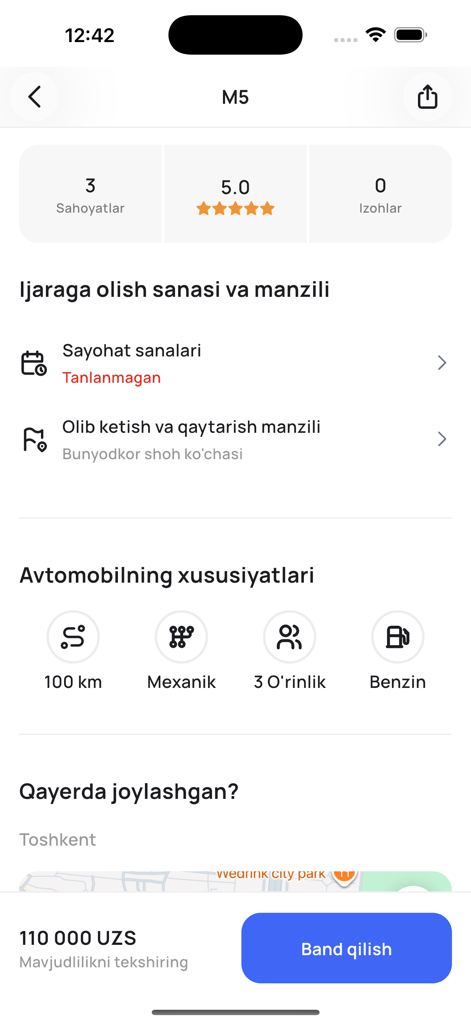 Rentaアプリの予約画面。タシケントの車両のマニュアルトランスミッションや燃料タイプなどの車の仕様が表示されています。