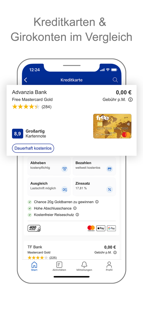 CHECK24 Österreich - Mobile app interface of CHECK24 Austria comparing different credit cards and bank accounts with details on fees and ratings.