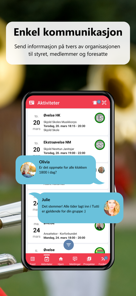 Tutti - Interface do aplicativo Tutti exibindo uma agenda de ensaios musicais e uma sobreposição de conversa de chat de membros