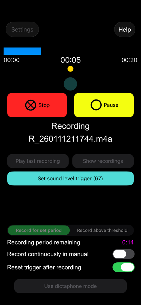 Audio Recorder with Trigger - Écran d'enregistrement de l'application Enregistreur Audio avec Déclencheur présentant les paramètres du niveau sonore