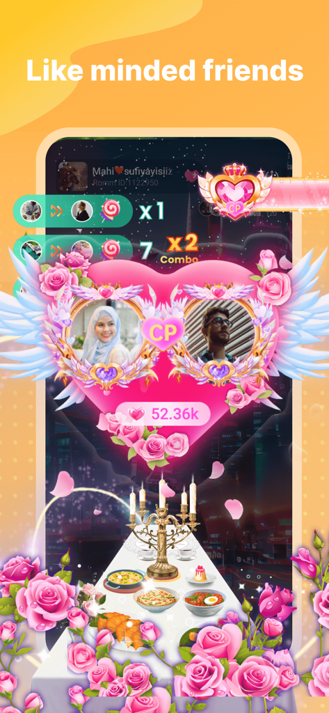 Interface of Ayome app showing two profiles in a heart frame for finding like-minded friends