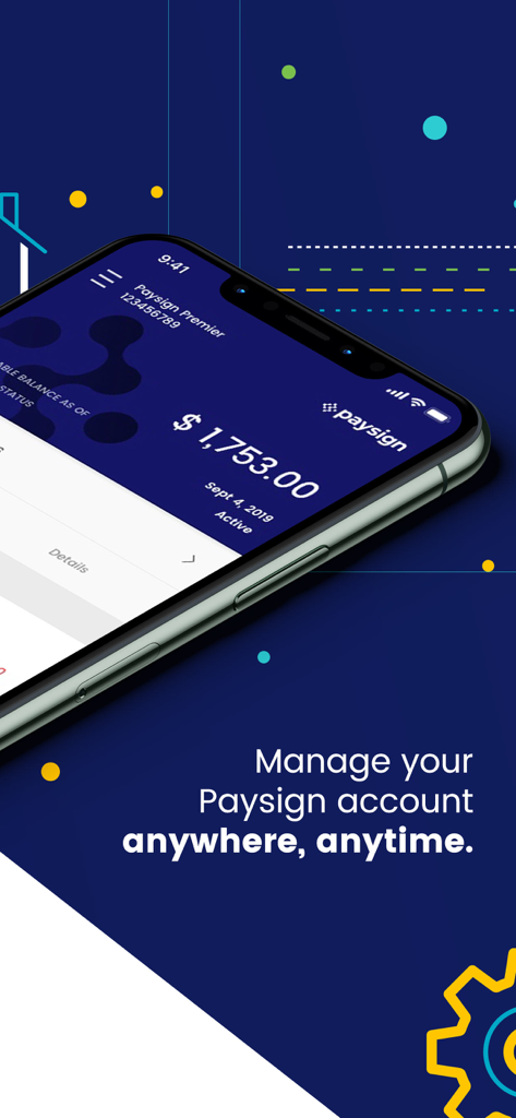 Paysign mobile app screen showing account balance and management features