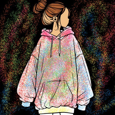 realistic girl with a oversized sweatshirt on and a bun