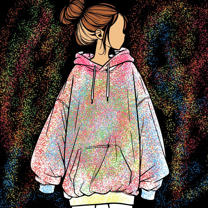 realistic girl with a oversized sweatshirt on and a bun