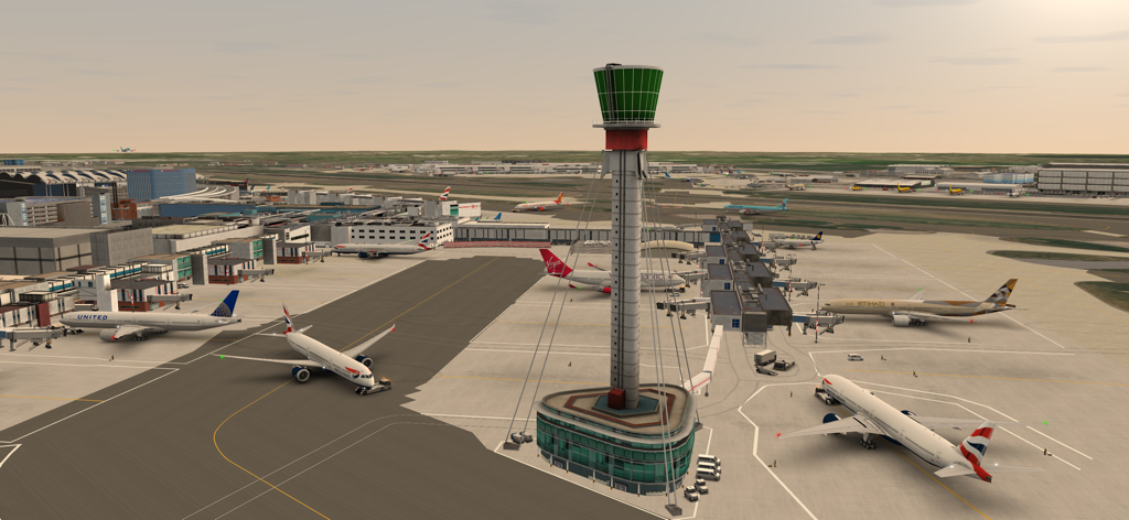 Simulación aeroportuaria 3D realista con una torre de control central y varios aviones comerciales en las puertas de la terminal