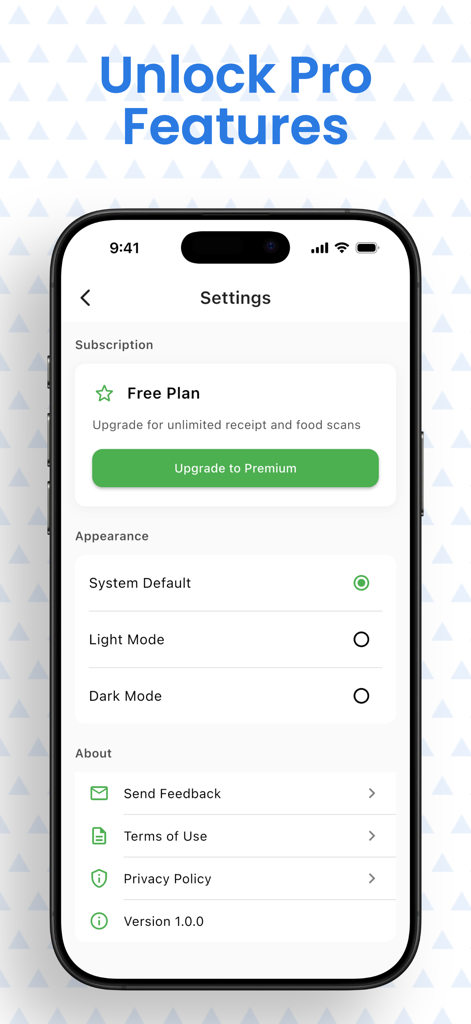 Settings screen of the Food Stock Master app showing premium subscription options and appearance settings