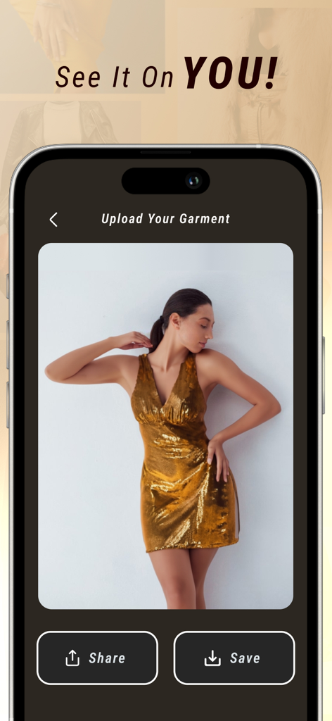 Eine Frau probiert virtuell ein goldenes Paillettenkleid mit der FitCheck KI-Styling-App an.