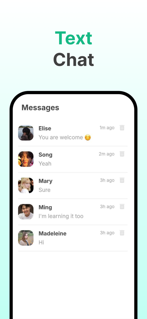 A screenshot of the TalkClub app showing the text chat message list with various international language partners.