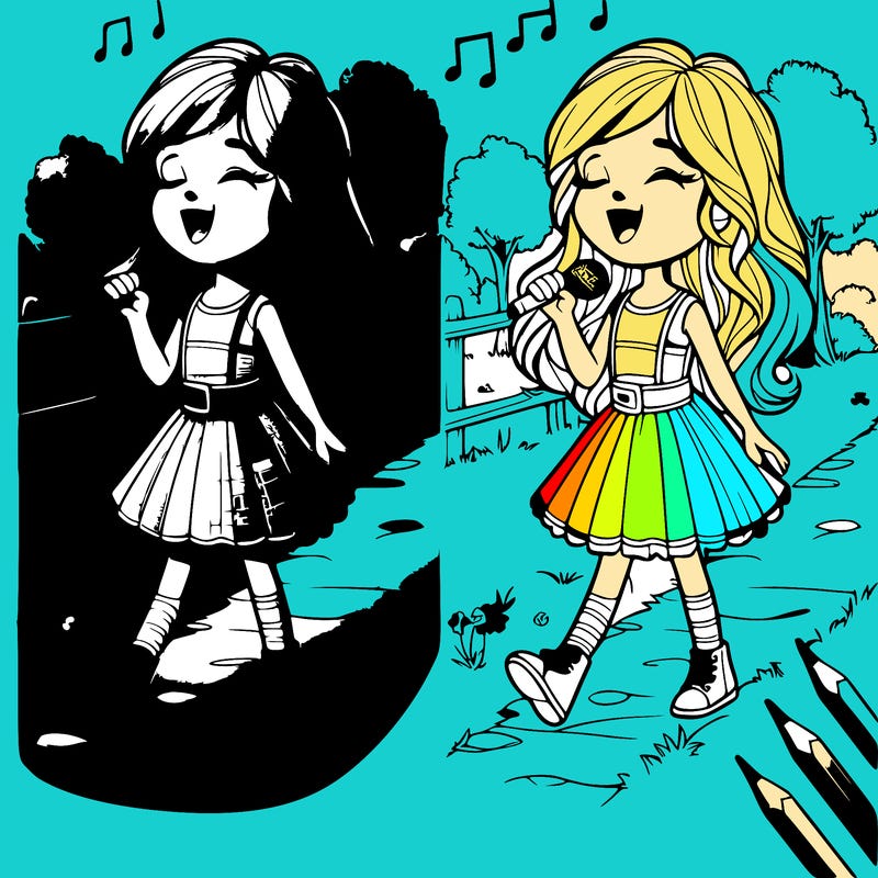 realistic girl, singing a song and walking in the park