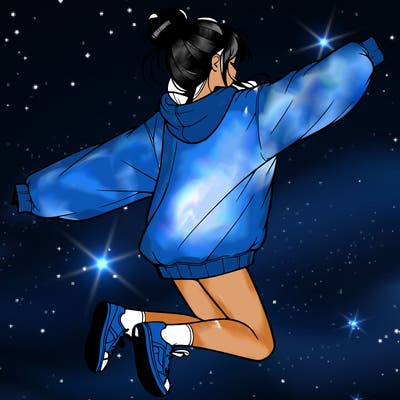 realistic girl jumping with a bun and oversized sweatshirt