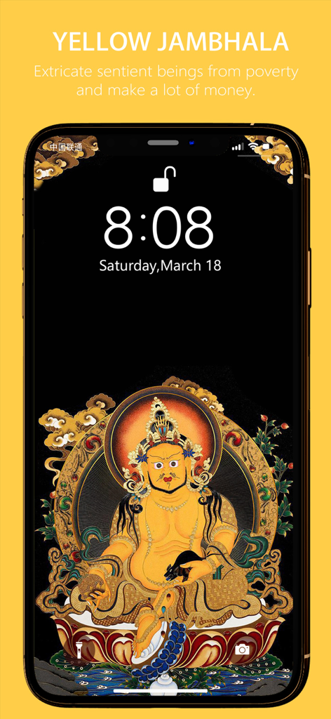 Buddha Wall-Buddhist Wallpaper - iPhone lock screen showing Yellow Jambhala Thangka art for wealth and prosperity