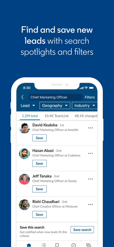 Lead search and filtering results on the LinkedIn Sales Navigator mobile app interface