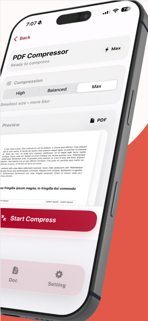 圧縮オプションとドキュメントプレビューが表示されたPDF圧縮アプリのインターフェースを示すiPhone。