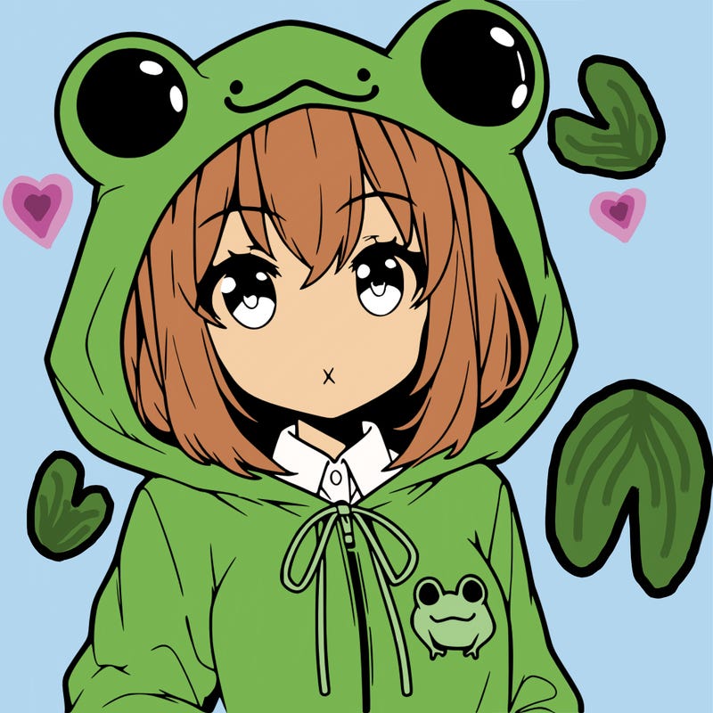 an anime girl wearing a frog hoodie