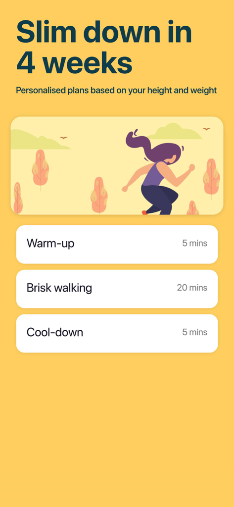 Un horario de entrenamiento de jogging personalizado que muestra un plan de adelgazamiento de 4 semanas con calentamiento, caminata rápida y sesiones de enfriamiento