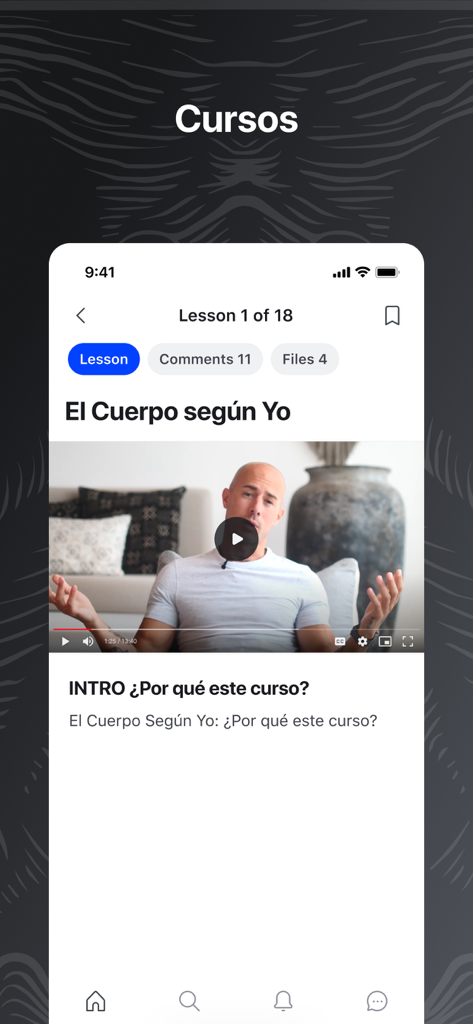Te Vas AMORir mobile app interface showing a video lesson titled El Cuerpo segun Yo by Diego Dreyfus