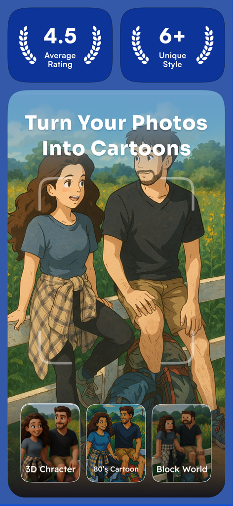 Snaptoon app interface displaying various cartoon and anime styles for photo transformation