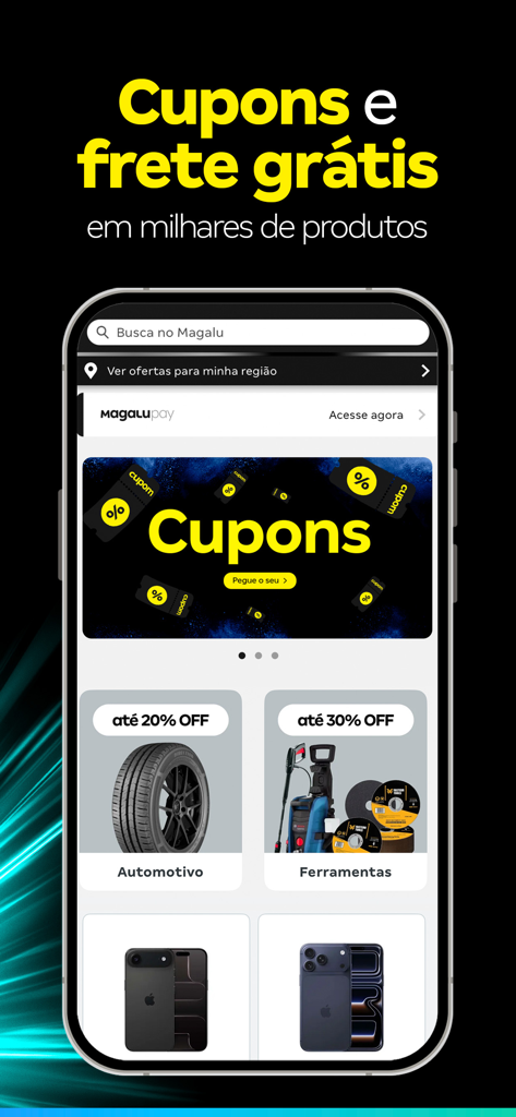 Magalu: compras com descontos - Magalu mobile app interface featuring discount coupons and free shipping offers on retail products