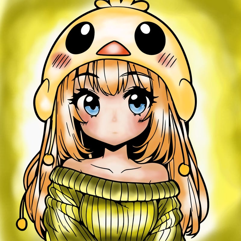 anime girl with chick shaped hat with sweater with bare shoulders with bangs covering them one eye with low tail