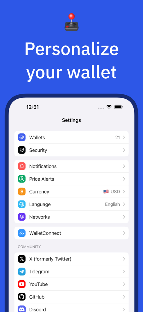 Gem - Crypto & USDT Wallet - Einstellungen-Menü in der Gem Wallet App zur Personalisierung von Sicherheit und Benachrichtigungen
