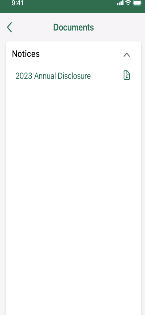 Documents screen in the Direct Express Mobile app showing a list of notices including the 2023 Annual Disclosure.