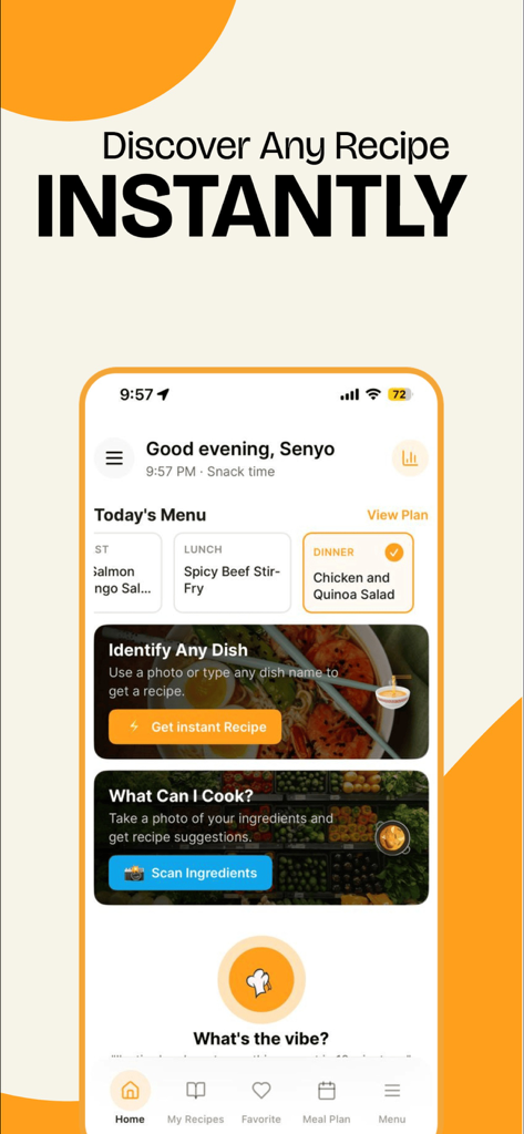PocketChef - Meal Planner - Pantalla de inicio de la aplicación PocketChef con descubrimiento de recetas por IA y herramientas de escaneo de ingredientes.