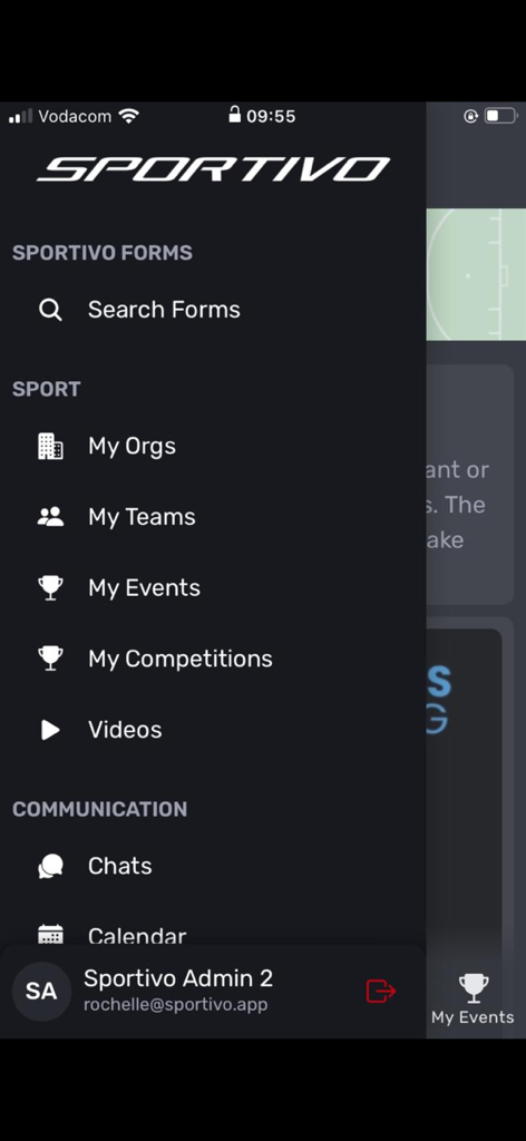 Sportivo Mobile - Main sidebar navigation menu of the Sportivo Mobile app featuring sports management and communication tools