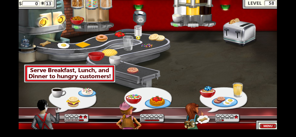 Burger Shop 2 gameplay showing customers ordering breakfast items from a conveyor belt