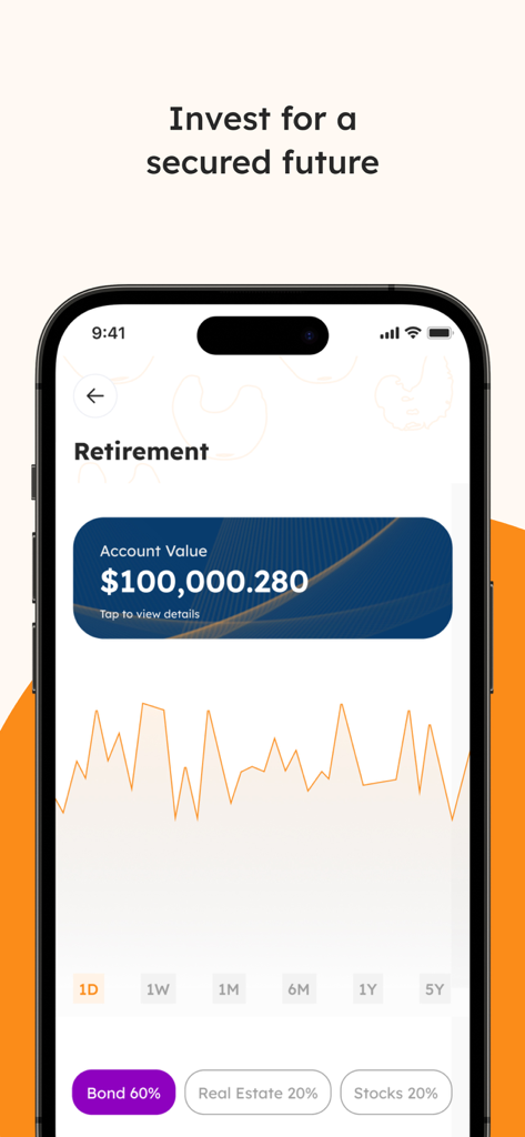 Panel de ahorros para la jubilación de la aplicación móvil Ladda que muestra el saldo de la cuenta y el gráfico de inversión