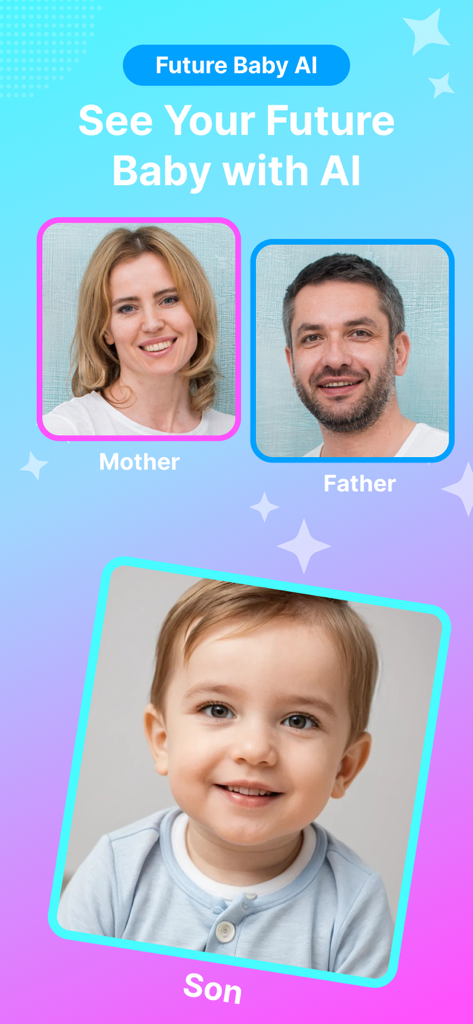AI Face Generator - Baby Blend - AI赤ちゃんの顔ジェネレーター。母親と父親の写真から作成された息子を表示しています