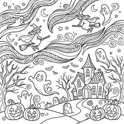 Embark on a mystical journey this Halloween with a unique coloring page that merges the wonder of a pulsating aurora with classic spooky fun. Watch as witches soar through the patterned sky above a haunted landscape filled with friendly ghosts and grinning jack-o'-lanterns.