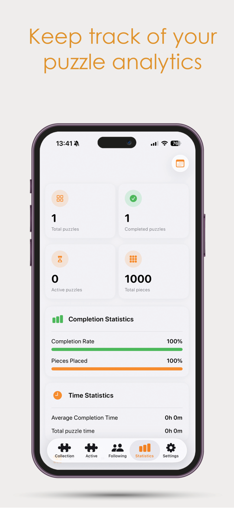 Jvh Puzzle - 総完了パズル数と完了統計を含む、パズル分析を表示するモバイルアプリインターフェイス。