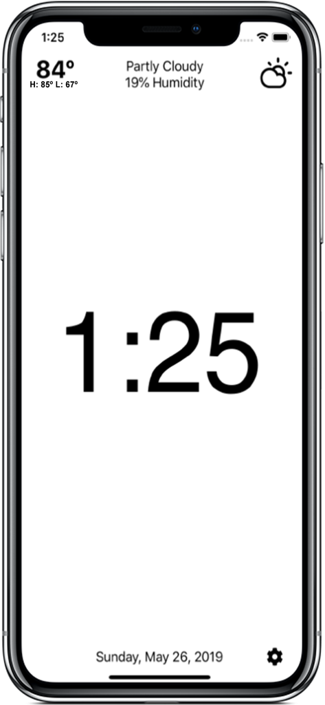 Clock Simplicity - Minimalist clock and weather display on an iPhone screen with a white background