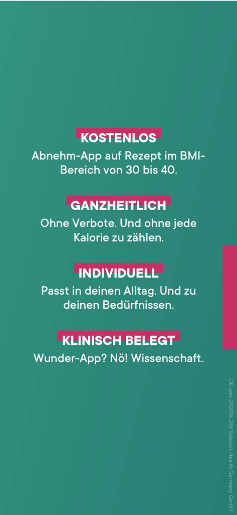 Hauptfunktionen der zanadio-App, die ihren wissenschaftlichen Ansatz zur Gewichtsabnahme durch ärztliche Verschreibung und Verhaltensänderung hervorheben.